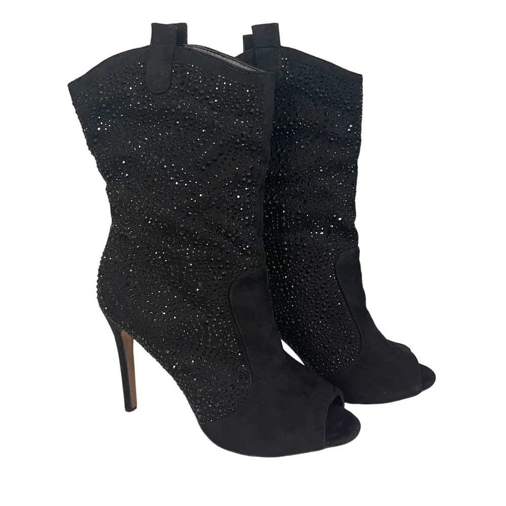 Lauren Lorraine Layla Women's Black Suede Rhinestone Stiletto Heel Boots Size 8